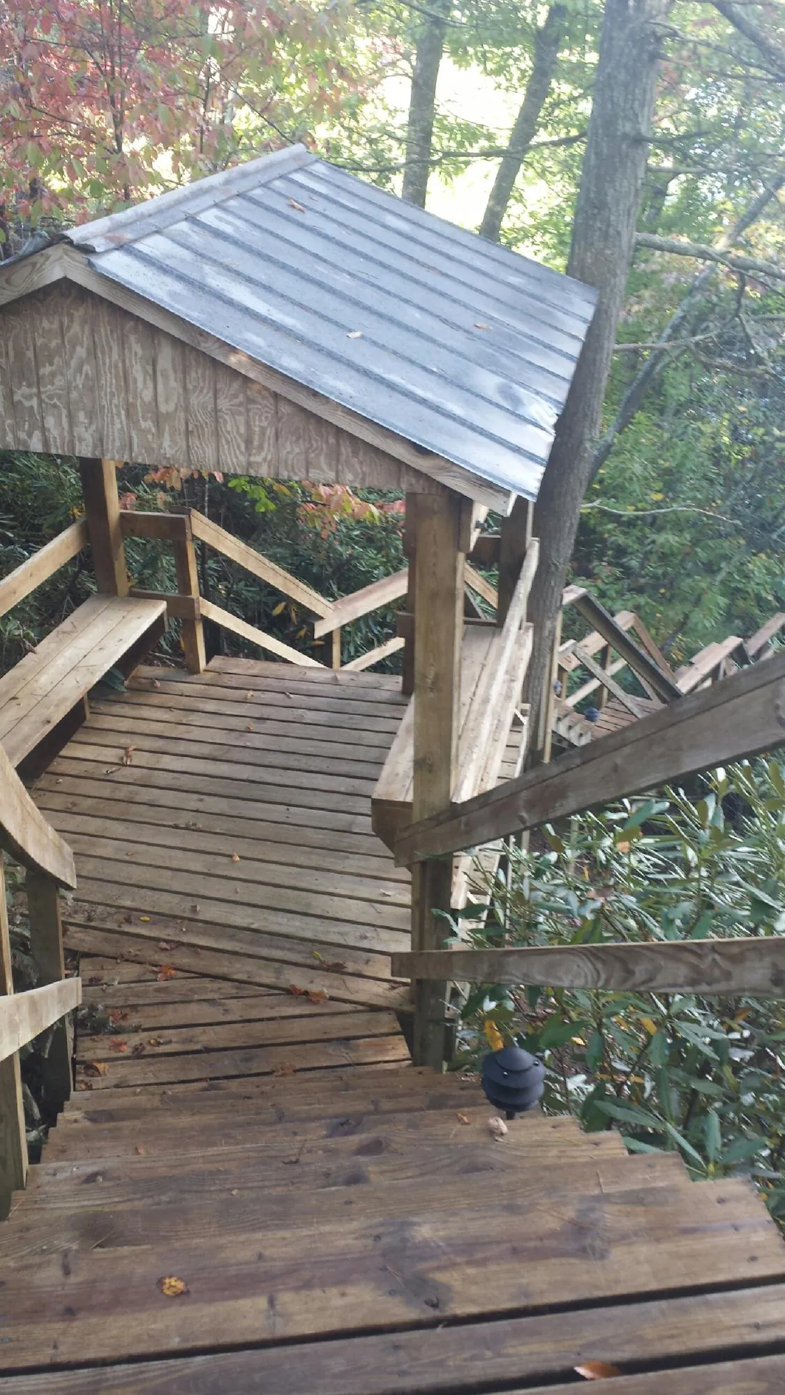 Metal roofed shelter over wooden steps on a wooded walkway — Skylight Repair & Installation work by our crew in Chesapeake